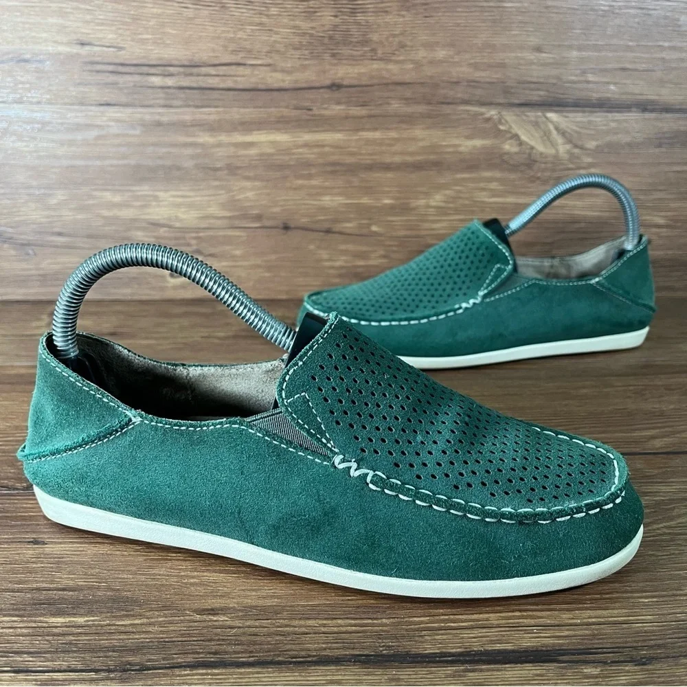 Olukai Nohea Perforated Green Suede Slip-On Shoes Slip-On Women’s Size 7.5